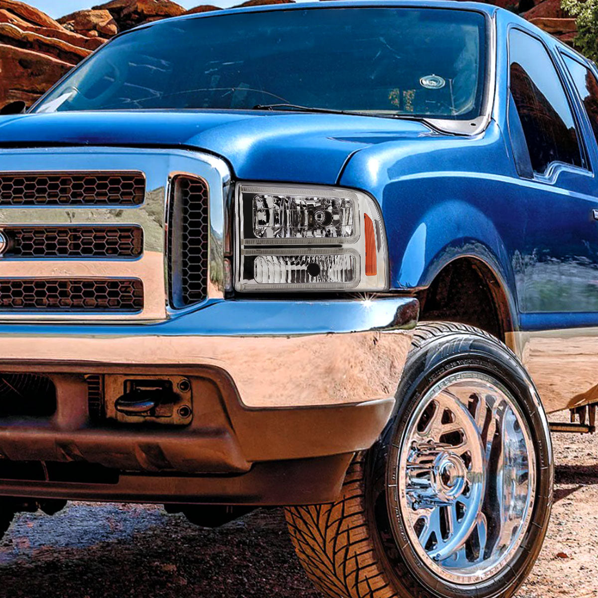 Ronnin - Fits 1999-2004 Ford F250 F350 F450 F550 Super Duty 2000-2004 Ford Excursion LED Tube Headlights Assembly Pair | Chrome