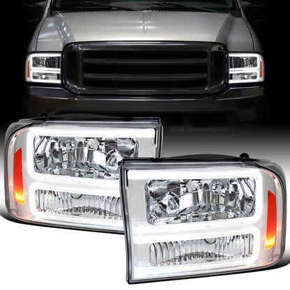 Ronnin - Fits 1999-2004 Ford F250 F350 F450 F550 Super Duty 2000-2004 Ford Excursion LED Tube Headlights Assembly Pair | Chrome