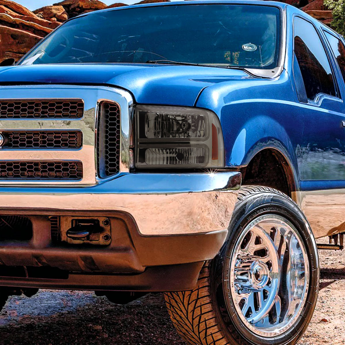 Ronnin - Fits 1999-2004 Ford F250 F350 F450 F550 Super Duty 2000-2004 Ford Excursion LED Tube Headlights Assembly Pair | Smoke