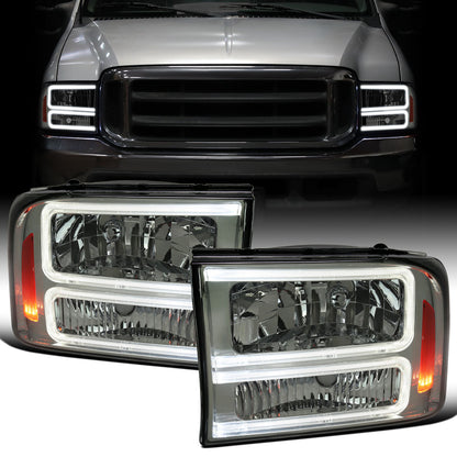 Ronnin - Fits 1999-2004 Ford F250 F350 F450 F550 Super Duty 2000-2004 Ford Excursion LED Tube Headlights Assembly Pair | Smoke