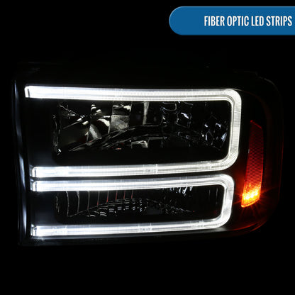 Ronnin - Fits 1999-2004 Ford F250 F350 F450 F550 Super Duty 2000-2004 Ford Excursion LED Tube Headlights Assembly Pair | Black