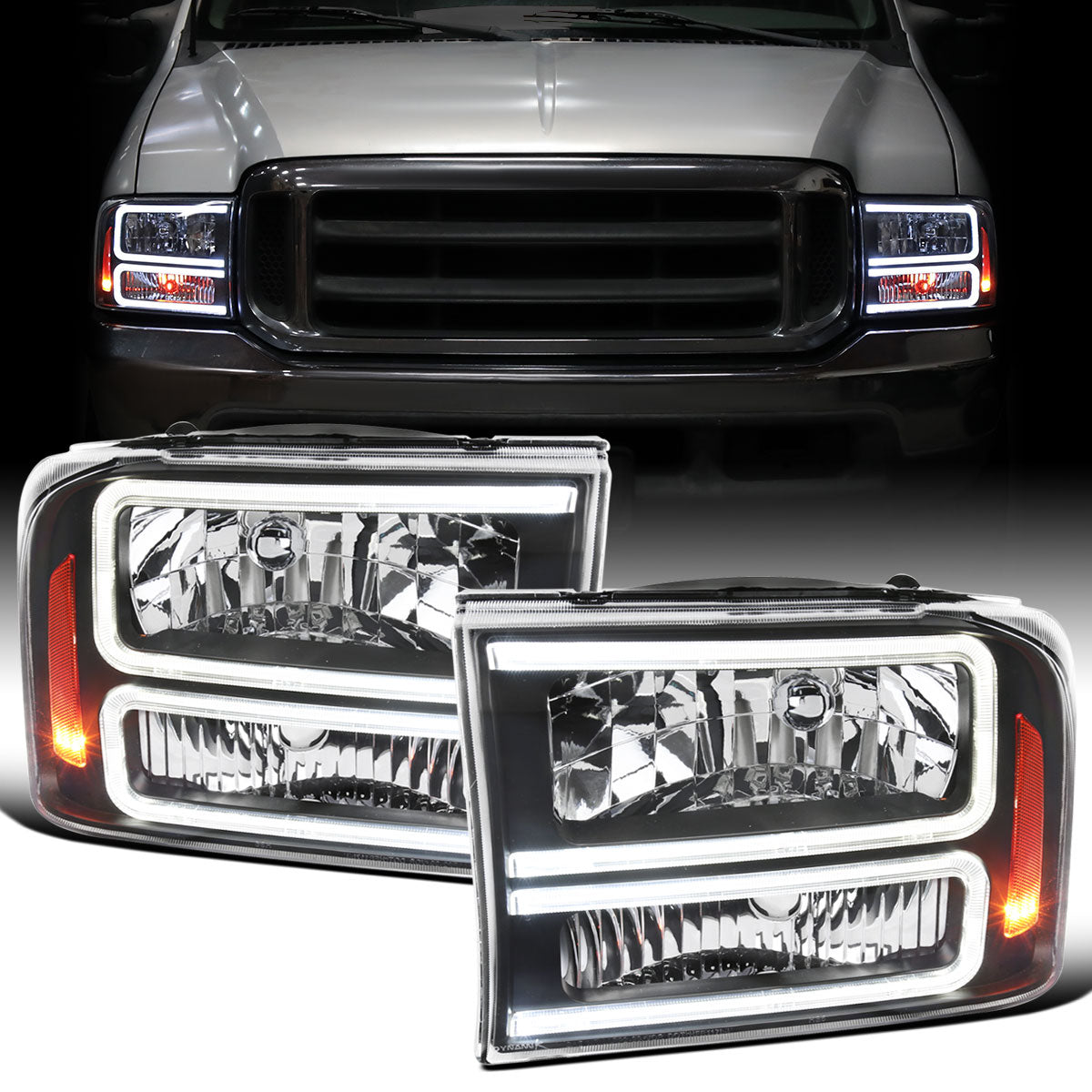 Ronnin - Fits 1999-2004 Ford F250 F350 F450 F550 Super Duty 2000-2004 Ford Excursion LED Tube Headlights Assembly Pair | Black