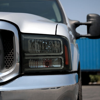 Ronnin - Fits 1999-2004 Ford F250 F350 F450 F550 Super Duty 2000-2004 Ford Excursion LED Tube Headlights Assembly Pair | Black Smoke