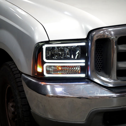 Ronnin - Fits 1999-2004 Ford F250 F350 F450 F550 Super Duty 2000-2004 Ford Excursion LED Tube Headlights Assembly Pair | Black Smoke