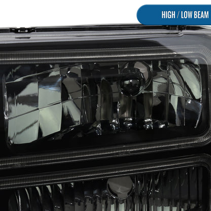 Ronnin - Fits 1999-2004 Ford F250 F350 F450 F550 Super Duty 2000-2004 Ford Excursion LED Tube Headlights Assembly Pair | Black Smoke
