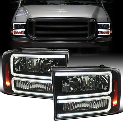 Ronnin - Fits 1999-2004 Ford F250 F350 F450 F550 Super Duty 2000-2004 Ford Excursion LED Tube Headlights Assembly Pair | Black Smoke