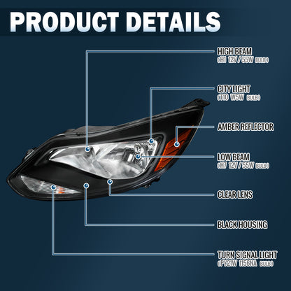 Ronnin - Conjunto de repuesto de faros delanteros para Ford Focus 2012-2014 | Par negro