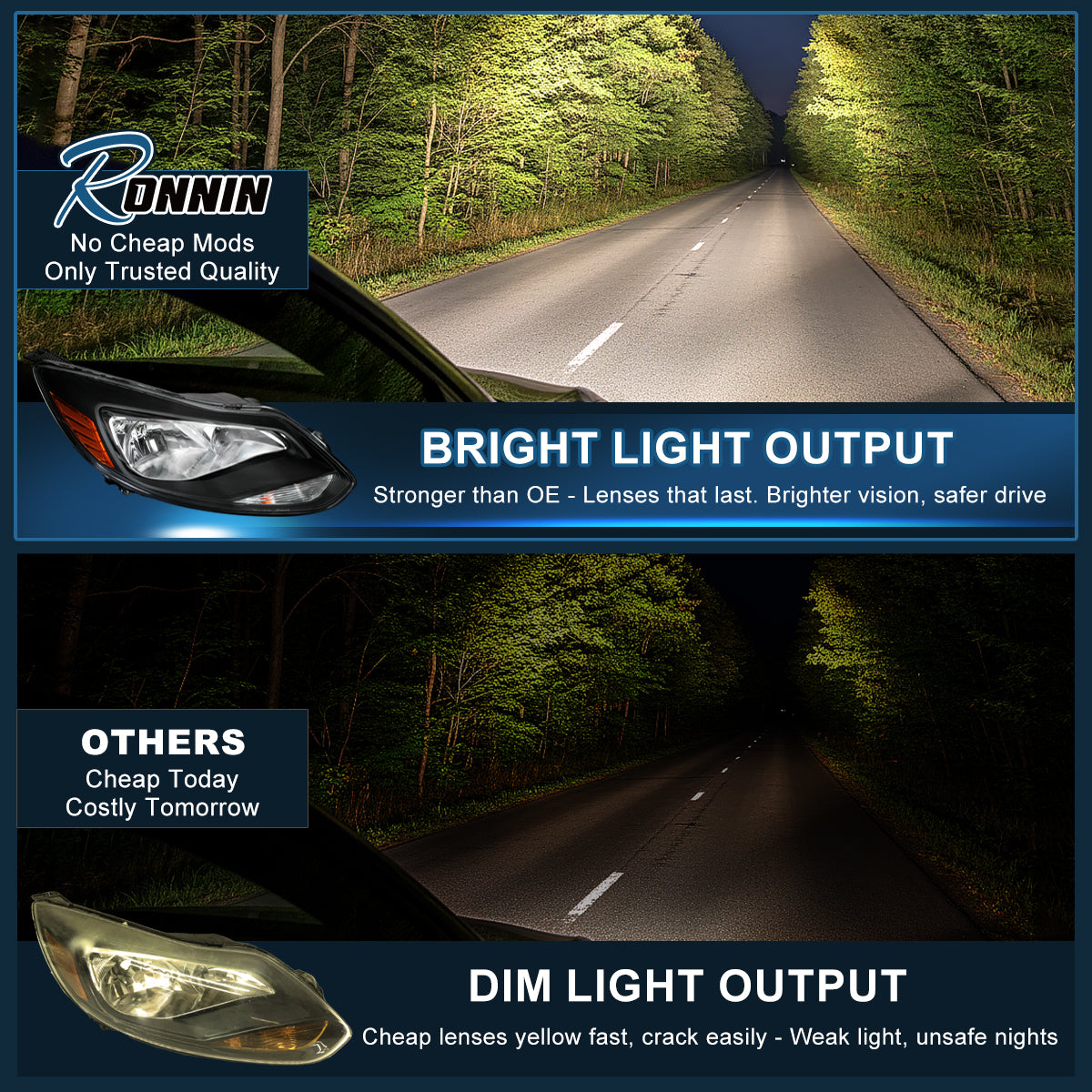 Ronnin - Conjunto de repuesto de faros delanteros para Ford Focus 2012-2014 | Par negro