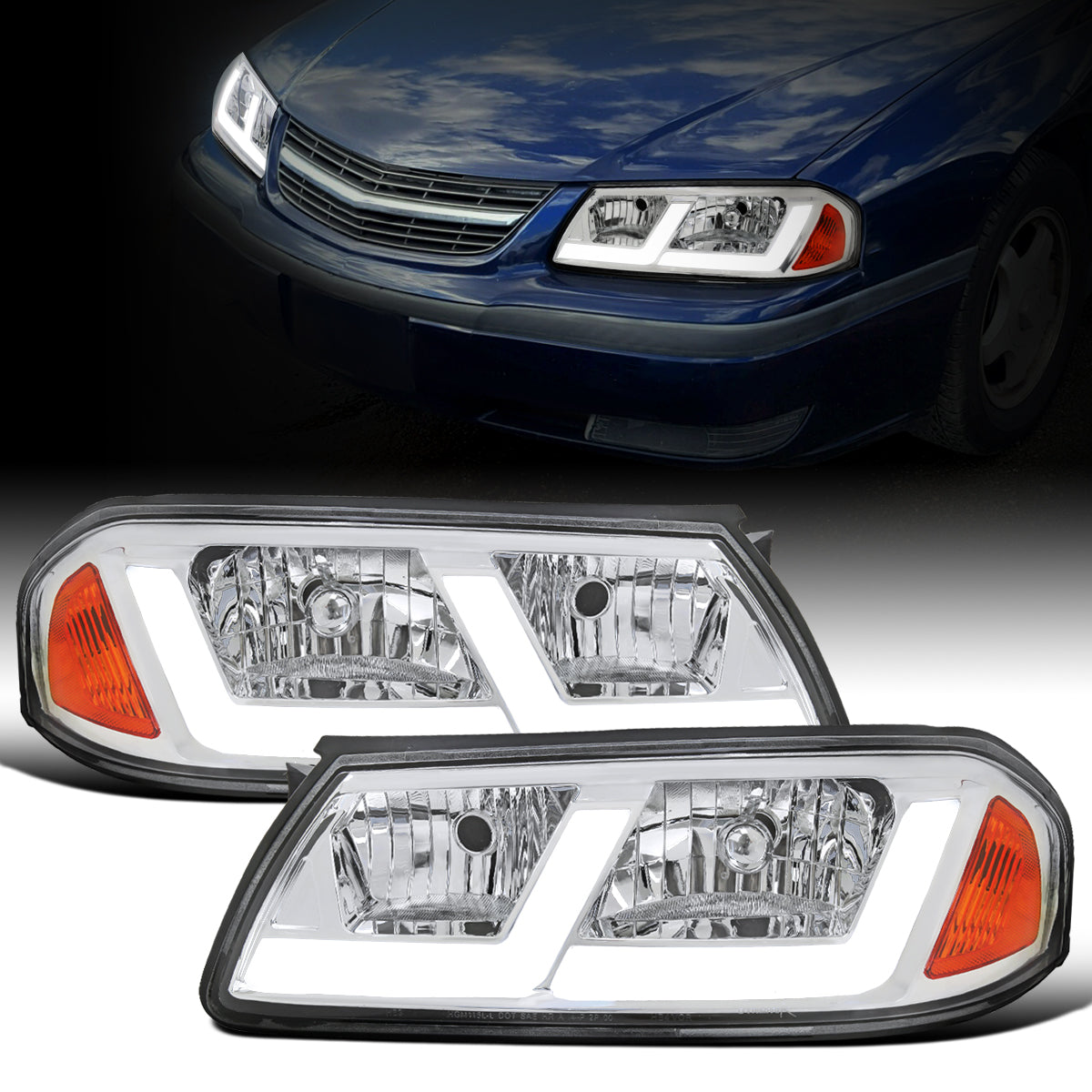 Ronnin - Fits 2000-2005 Chevy Impala Bright LED Tube Headlights Assembly Replacement Pair | Chrome