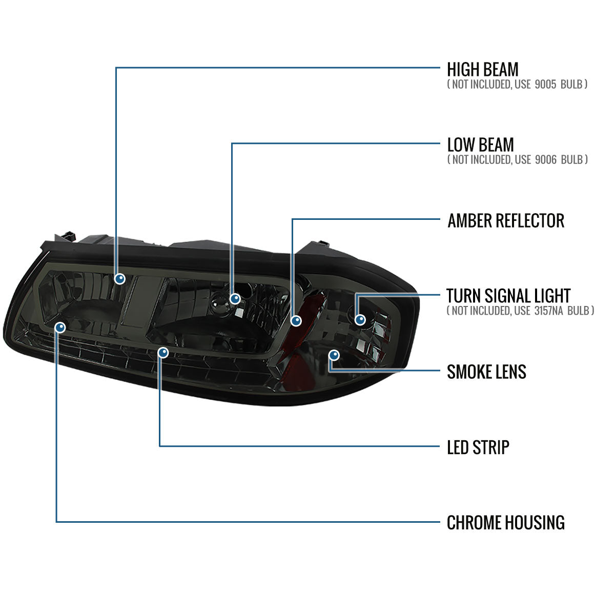 Ronnin - Se adapta a Chevy Impala 2000-2005. Par de reemplazo de conjunto de faros delanteros LED de marcha brillante | Ahumado