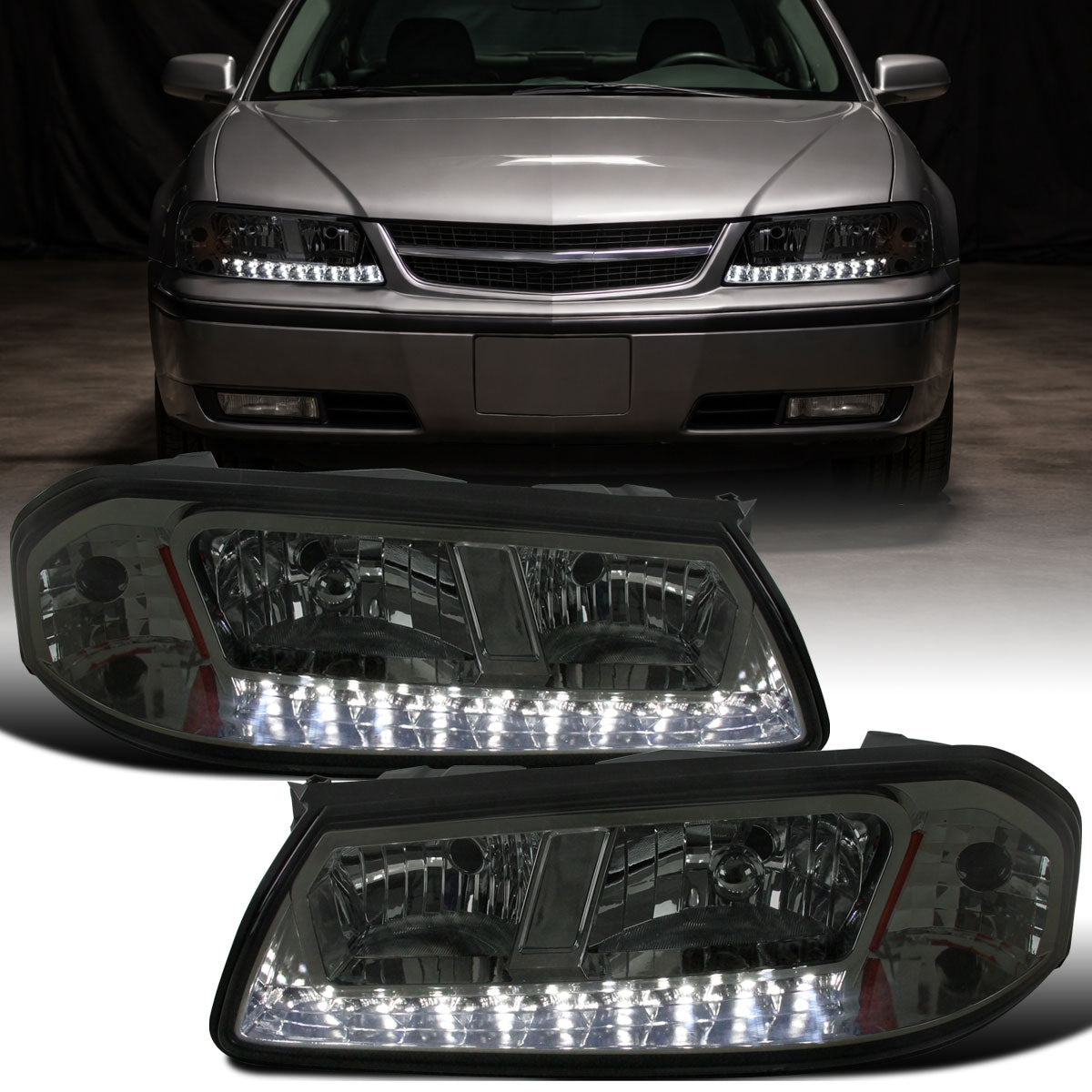 Ronnin - Se adapta a Chevy Impala 2000-2005. Par de reemplazo de conjunto de faros delanteros LED de marcha brillante | Ahumado