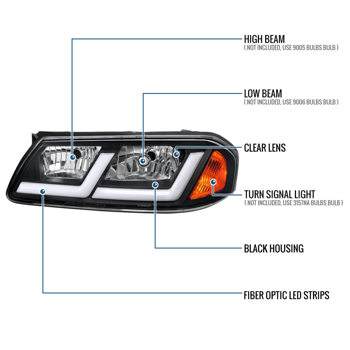 Ronnin - Fits 2000-2005 Chevy Impala Bright LED Tube Headlights Assembly Replacement Pair | Black