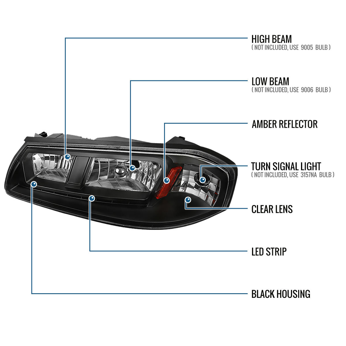 Ronnin - Se adapta a Chevy Impala 2000-2005. Luces de circulación diurna LED brillantes. Conjunto de faros de repuesto (par) | Negro