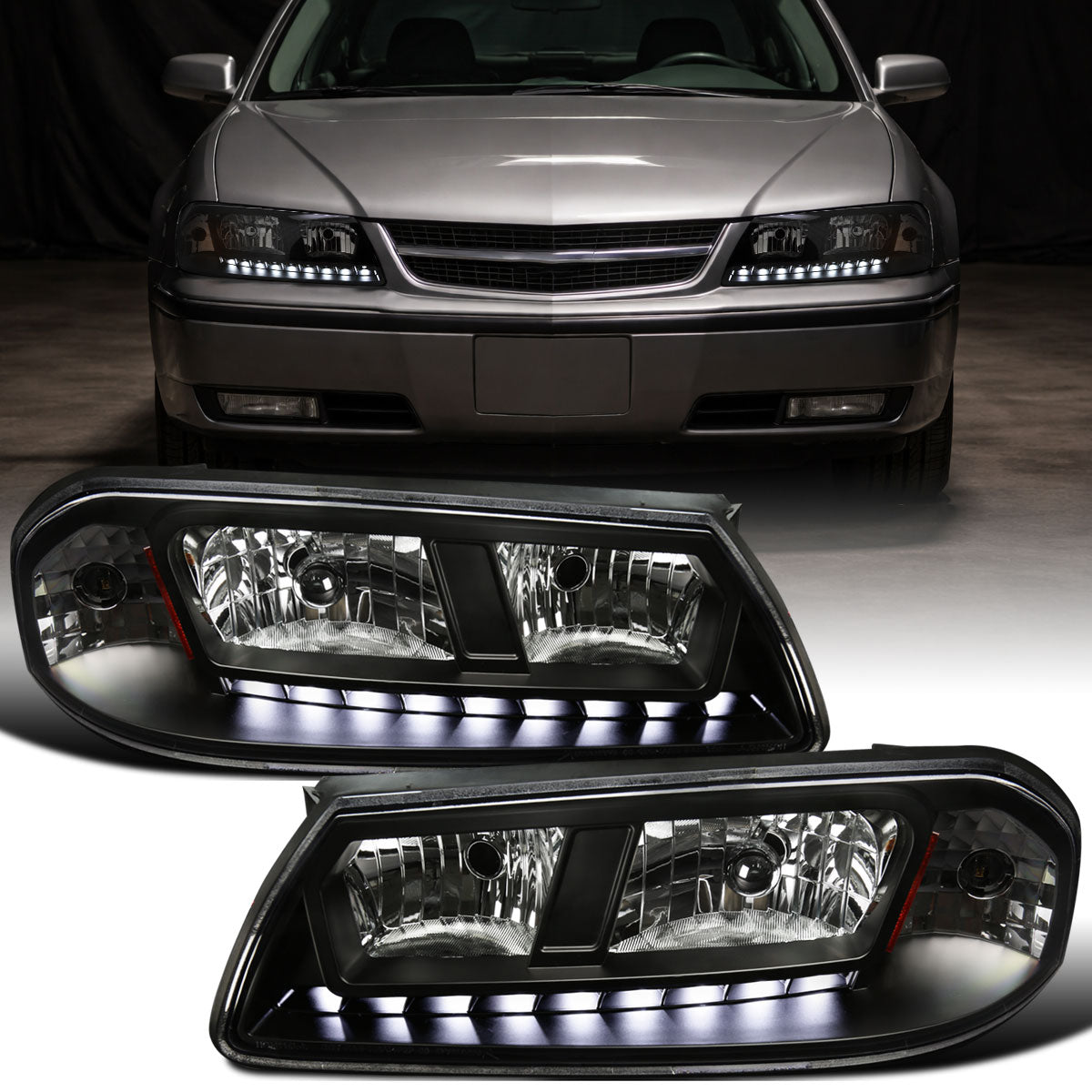 Ronnin - Se adapta a Chevy Impala 2000-2005. Luces de circulación diurna LED brillantes. Conjunto de faros de repuesto (par) | Negro