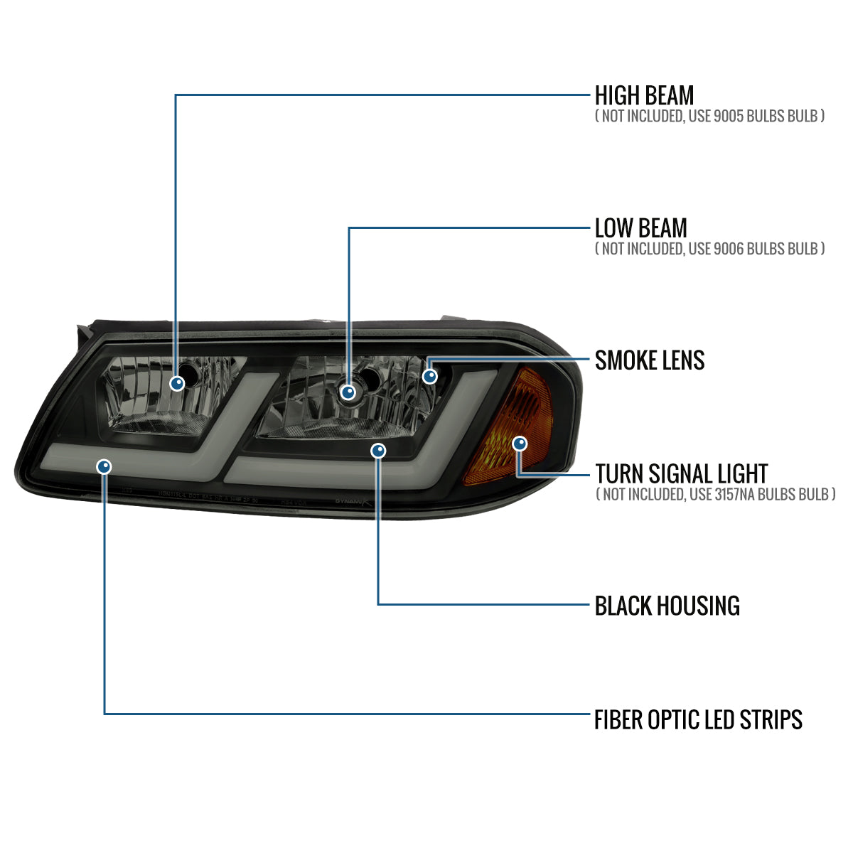 Ronnin - Fits 2000-2005 Chevy Impala Bright LED Tube Headlights Assembly Replacement Pair | Black Smoke
