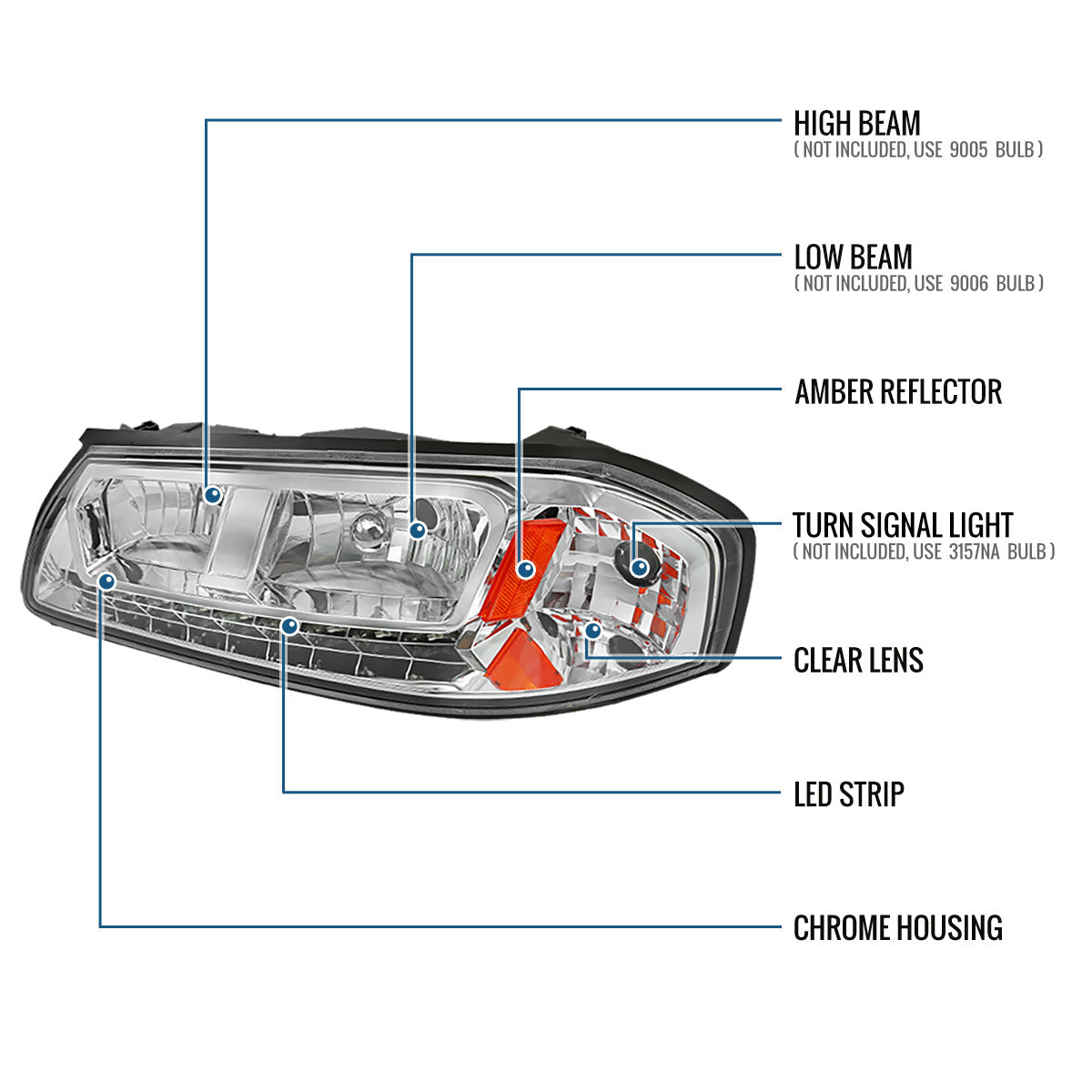 Ronnin - Faros delanteros LED de circulación diurna brillantes para Chevy Impala 2000-2005, reemplazo de conjunto, par | Cromo