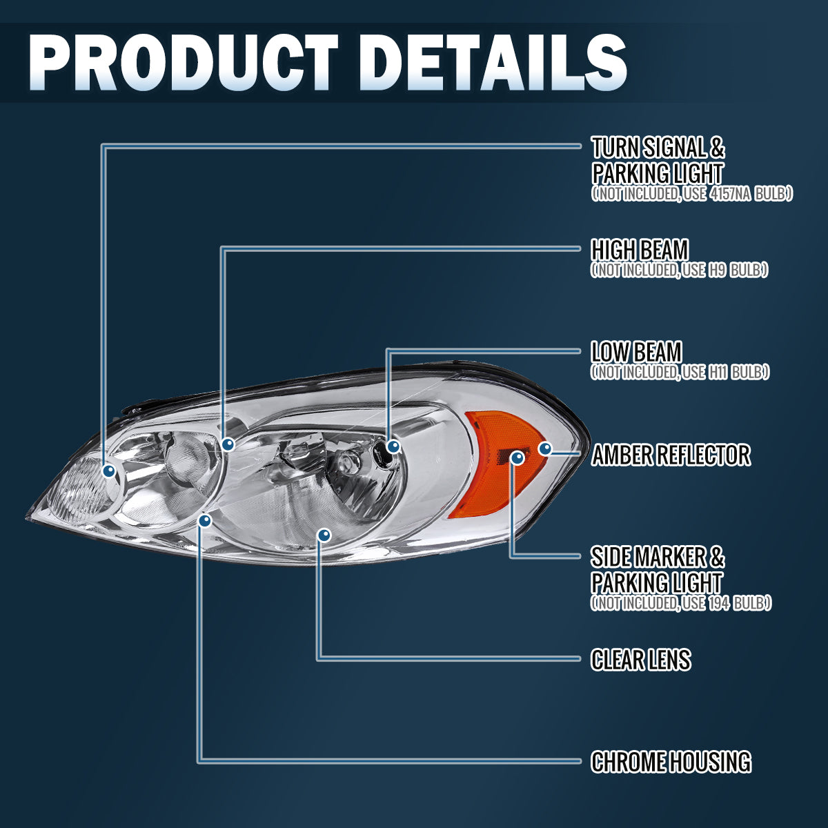 Ronnin - Compatible con Chevy Impala 2006-2013, Impala Limited 2014-2016, Monte Carlo 2006-2007 | Par de ensamblajes de faros halógenos de repuesto | Cromado