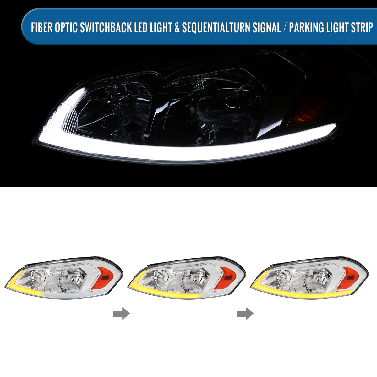 Ronnin - Fits 2006-2013 Chevy Impala 2006-2007 Monte Carlo Upgraded Replacement LED Tube Switchback Sequential Turn Signal Halogen Headlights Assembly Pair | Chrome