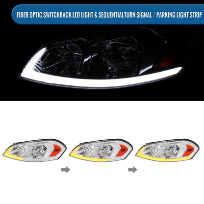Ronnin - Fits 2006-2013 Chevy Impala 2006-2007 Monte Carlo Upgraded Replacement LED Tube Switchback Sequential Turn Signal Halogen Headlights Assembly Pair | Chrome