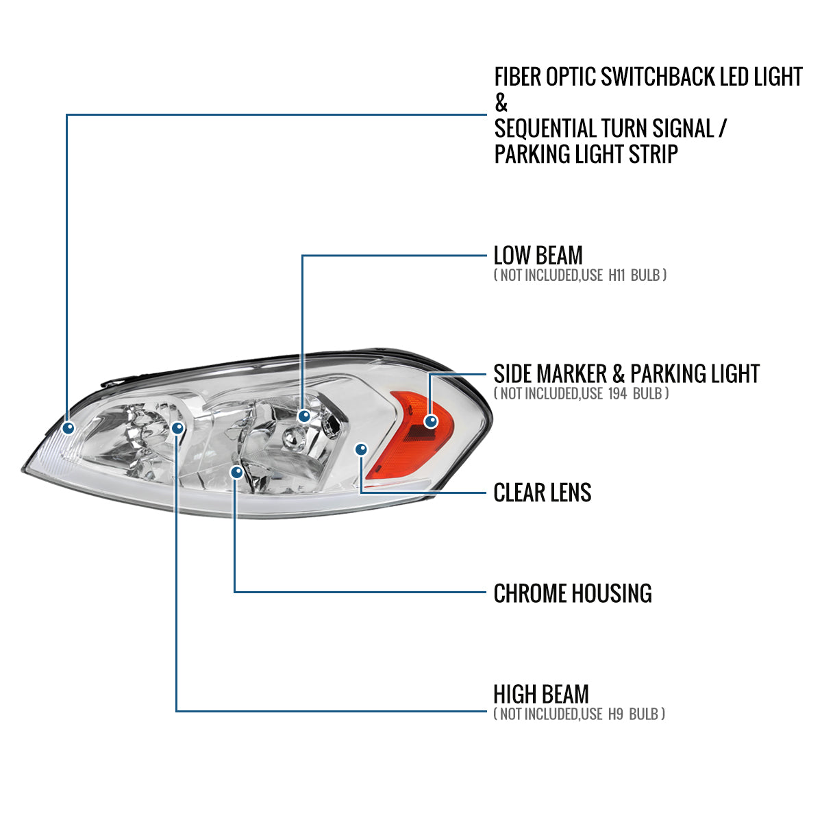 Ronnin - Fits 2006-2013 Chevy Impala 2006-2007 Monte Carlo Upgraded Replacement LED Tube Switchback Sequential Turn Signal Halogen Headlights Assembly Pair | Chrome