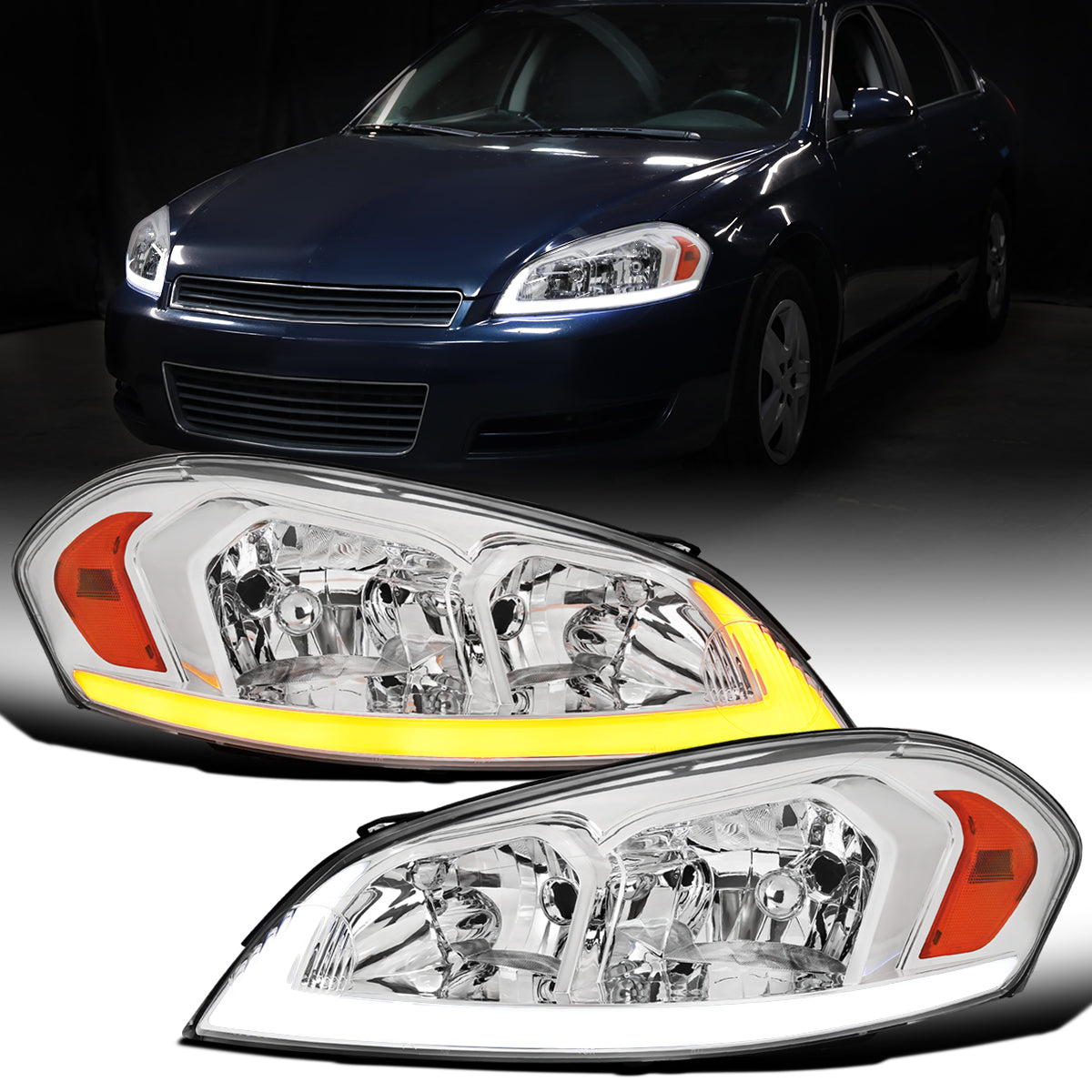 Ronnin - Fits 2006-2013 Chevy Impala 2006-2007 Monte Carlo Upgraded Replacement LED Tube Switchback Sequential Turn Signal Halogen Headlights Assembly Pair | Chrome