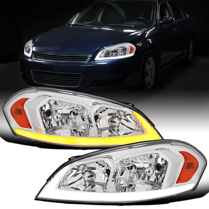 Ronnin - Fits 2006-2013 Chevy Impala 2006-2007 Monte Carlo Upgraded Replacement LED Tube Switchback Sequential Turn Signal Halogen Headlights Assembly Pair | Chrome
