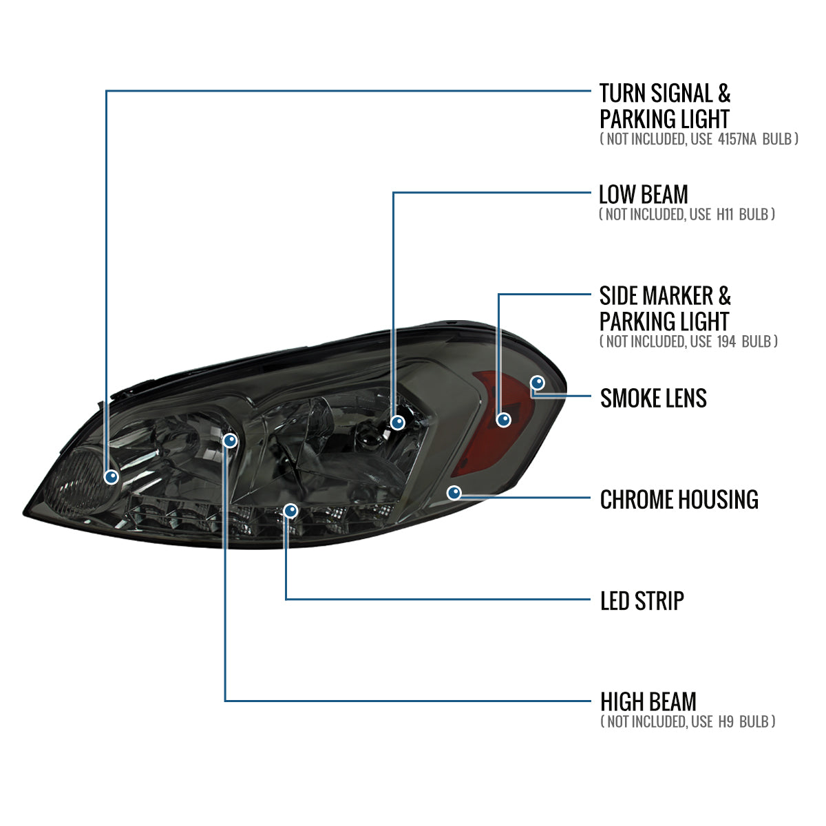 Ronnin - Se adapta a Chevy Impala 2006-2013 Impala Limited 2014-2016 Monte Carlo 2006-2007 Luces de circulación LED brillantes Conjunto de faros halógenos Par | Ahumado