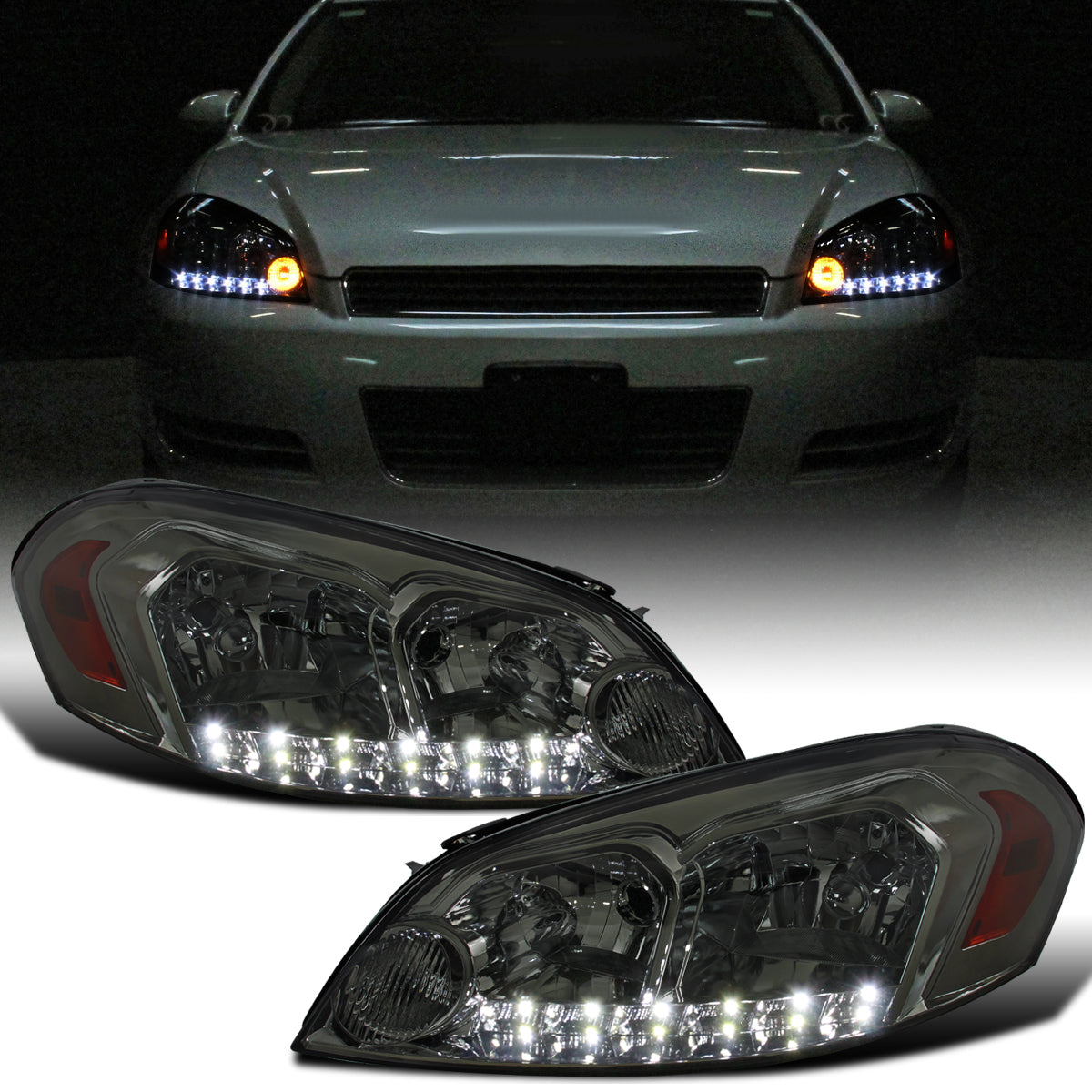 Ronnin - Se adapta a Chevy Impala 2006-2013 Impala Limited 2014-2016 Monte Carlo 2006-2007 Luces de circulación LED brillantes Conjunto de faros halógenos Par | Ahumado