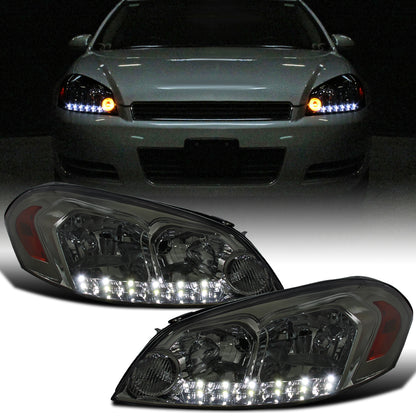 Ronnin - Se adapta a Chevy Impala 2006-2013 Impala Limited 2014-2016 Monte Carlo 2006-2007 Luces de circulación LED brillantes Conjunto de faros halógenos Par | Ahumado