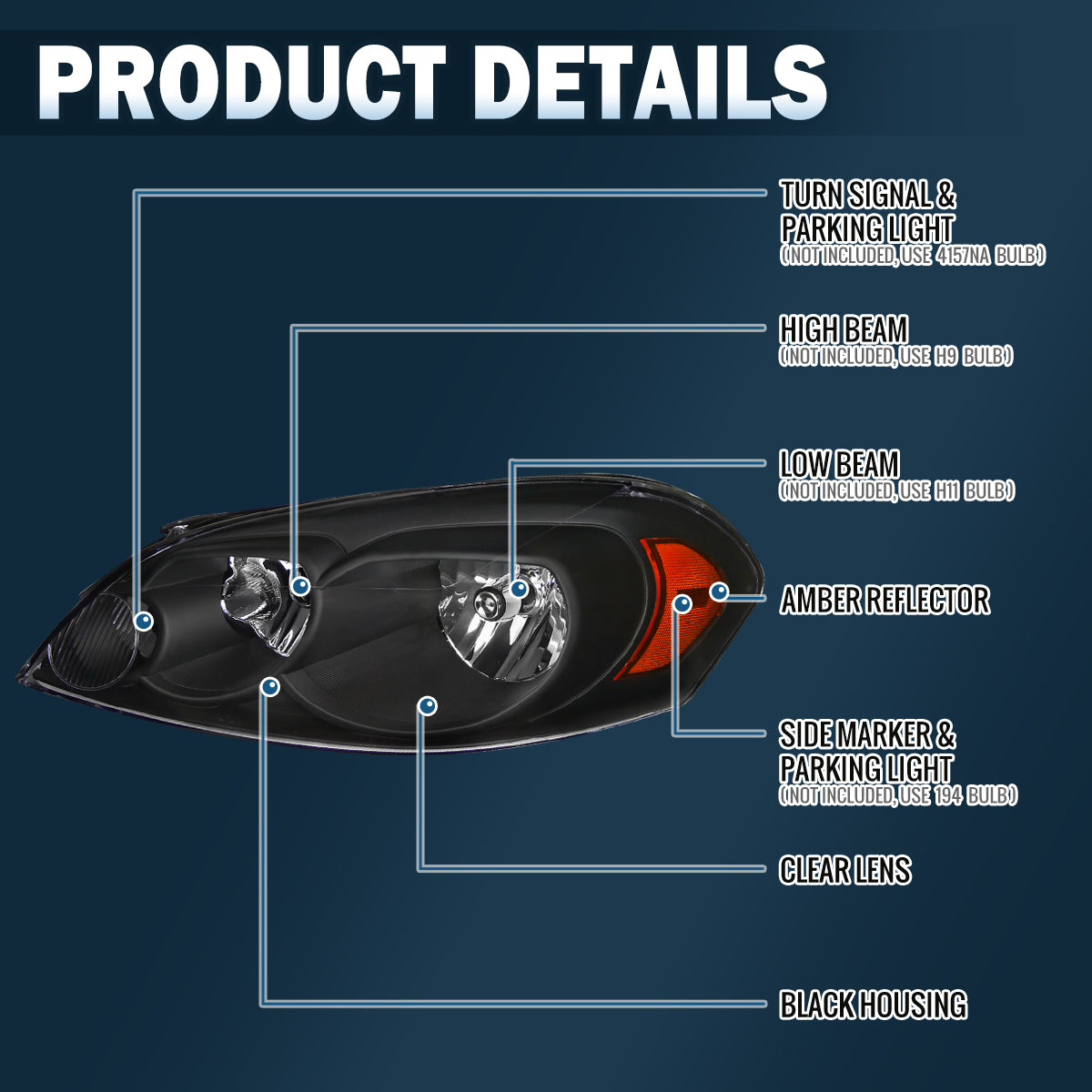 Ronnin - Compatible con Chevy Impala 2006-2013, Impala Limited 2014-2016, Monte Carlo 2006-2007, par de faros delanteros halógenos de repuesto de fábrica | Negros
