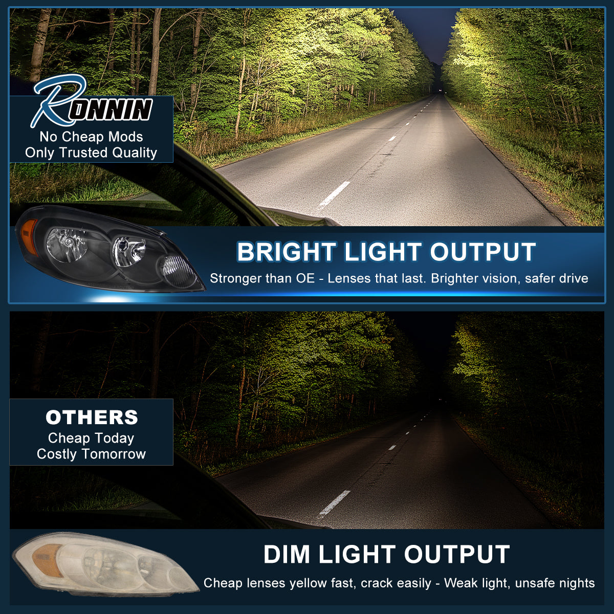 Ronnin - Compatible con Chevy Impala 2006-2013, Impala Limited 2014-2016, Monte Carlo 2006-2007, par de faros delanteros halógenos de repuesto de fábrica | Negros