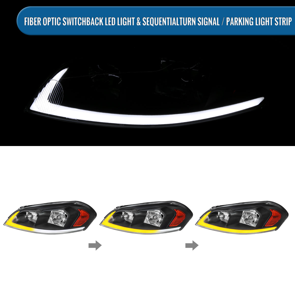Ronnin - Fits 2006-2013 Chevy Impala 2006-2007 Monte Carlo Upgraded Replacement LED Tube Switchback Sequential Turn Signal Halogen Headlights Assembly Pair | Black
