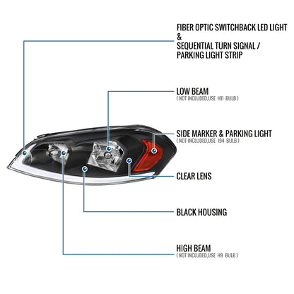 Ronnin - Fits 2006-2013 Chevy Impala 2006-2007 Monte Carlo Upgraded Replacement LED Tube Switchback Sequential Turn Signal Halogen Headlights Assembly Pair | Black