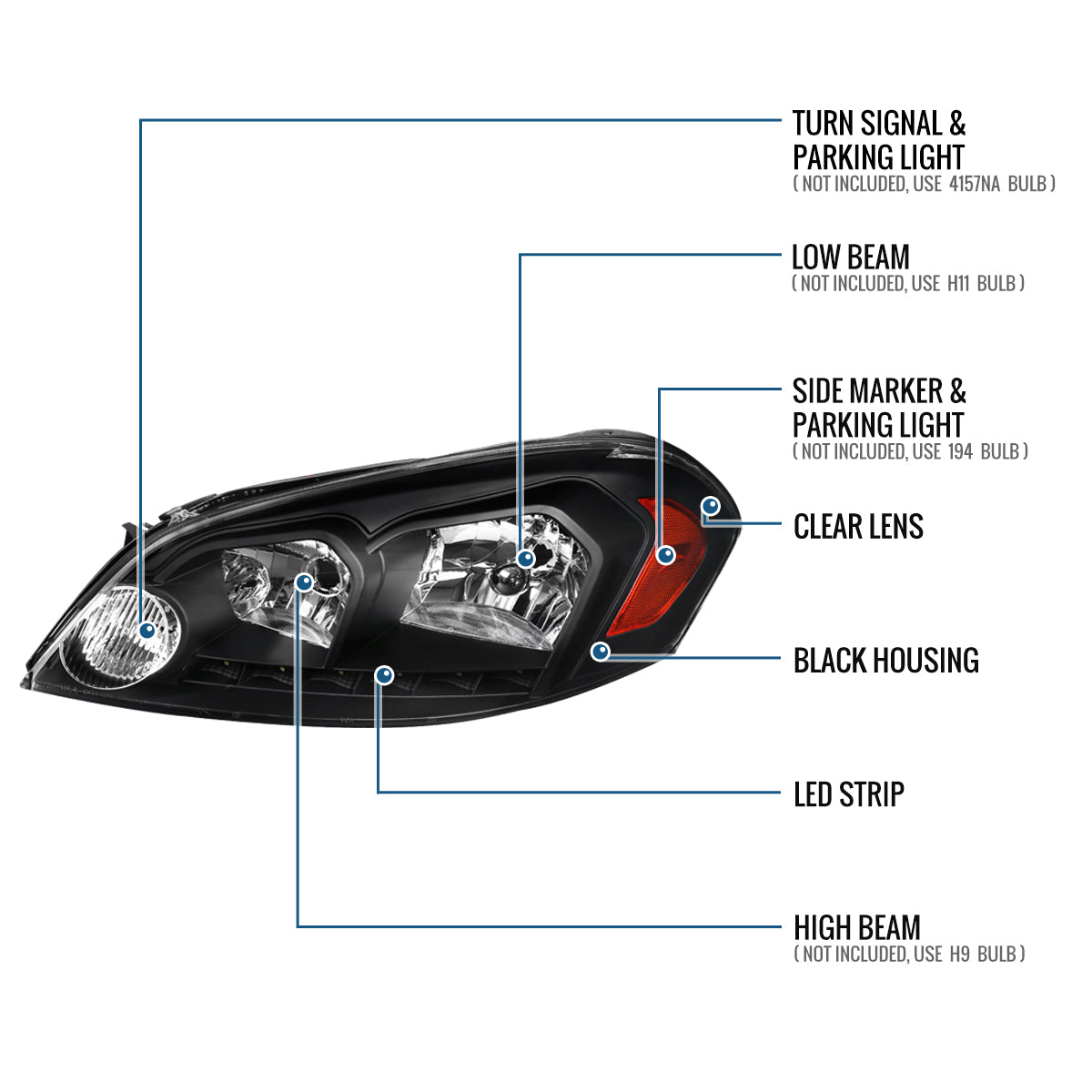 Ronnin - Compatible con Chevy Impala 2006-2013 Impala Limited 2014-2016 Monte Carlo 2006-2007 Par de luces diurnas LED brillantes con faros halógenos | Negro