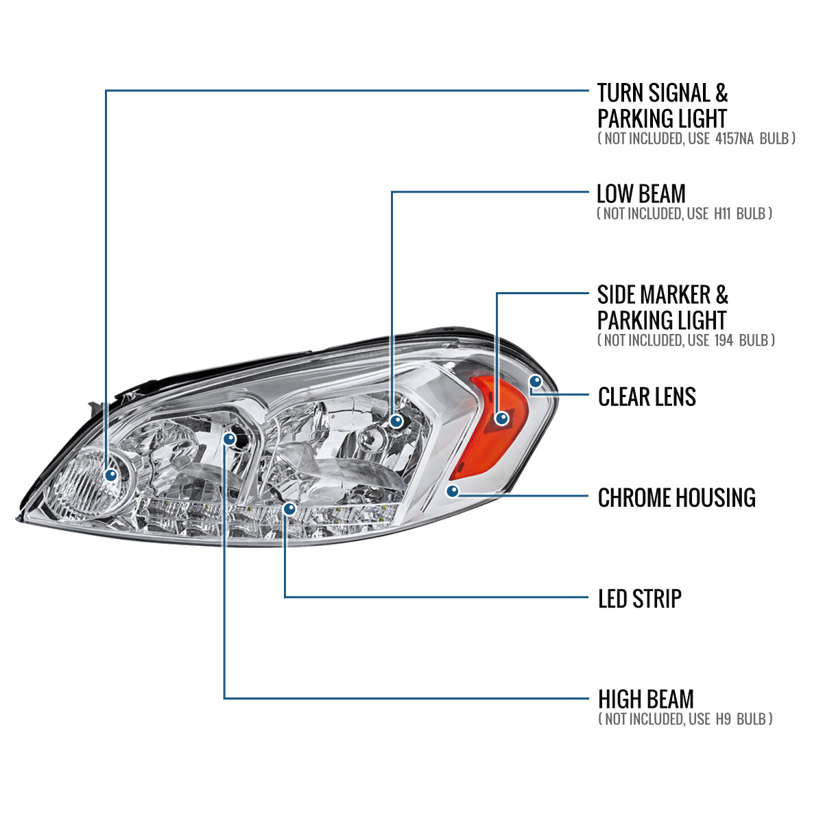 Ronnin - Compatible con Chevy Impala 2006-2013, Impala Limited 2014-2016, Monte Carlo 2006-2007, Luces de Circulación Diurna LED Brillantes, Par de Conjuntos de Faros Halógenos | Cromado