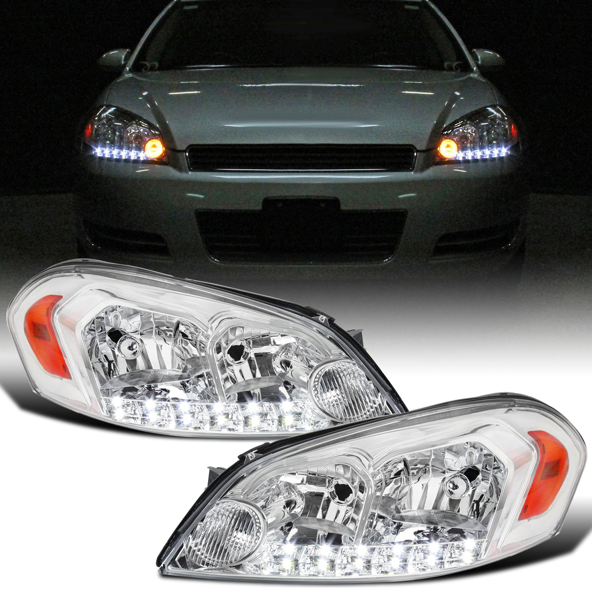 Ronnin - Compatible con Chevy Impala 2006-2013, Impala Limited 2014-2016, Monte Carlo 2006-2007, Luces de Circulación Diurna LED Brillantes, Par de Conjuntos de Faros Halógenos | Cromado