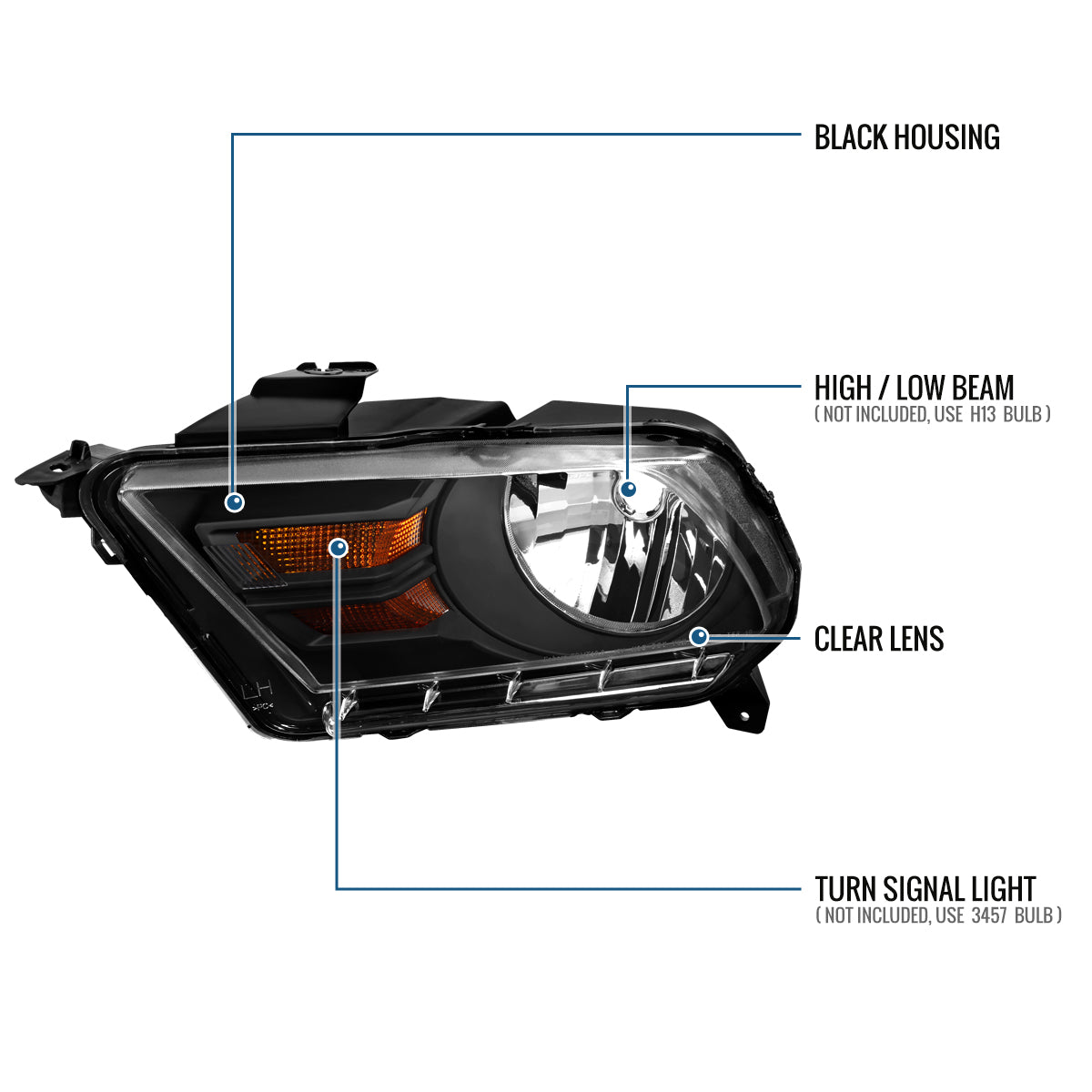 Ronnin - Fits 2010-2014 Ford Mustang Halogen Headlights Factory Replacement Assembly | Black