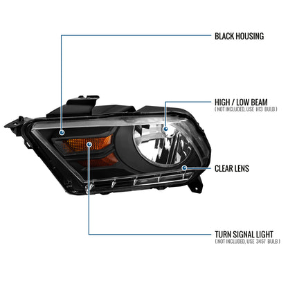 Ronnin - Fits 2010-2014 Ford Mustang Halogen Headlights Factory Replacement Assembly | Black
