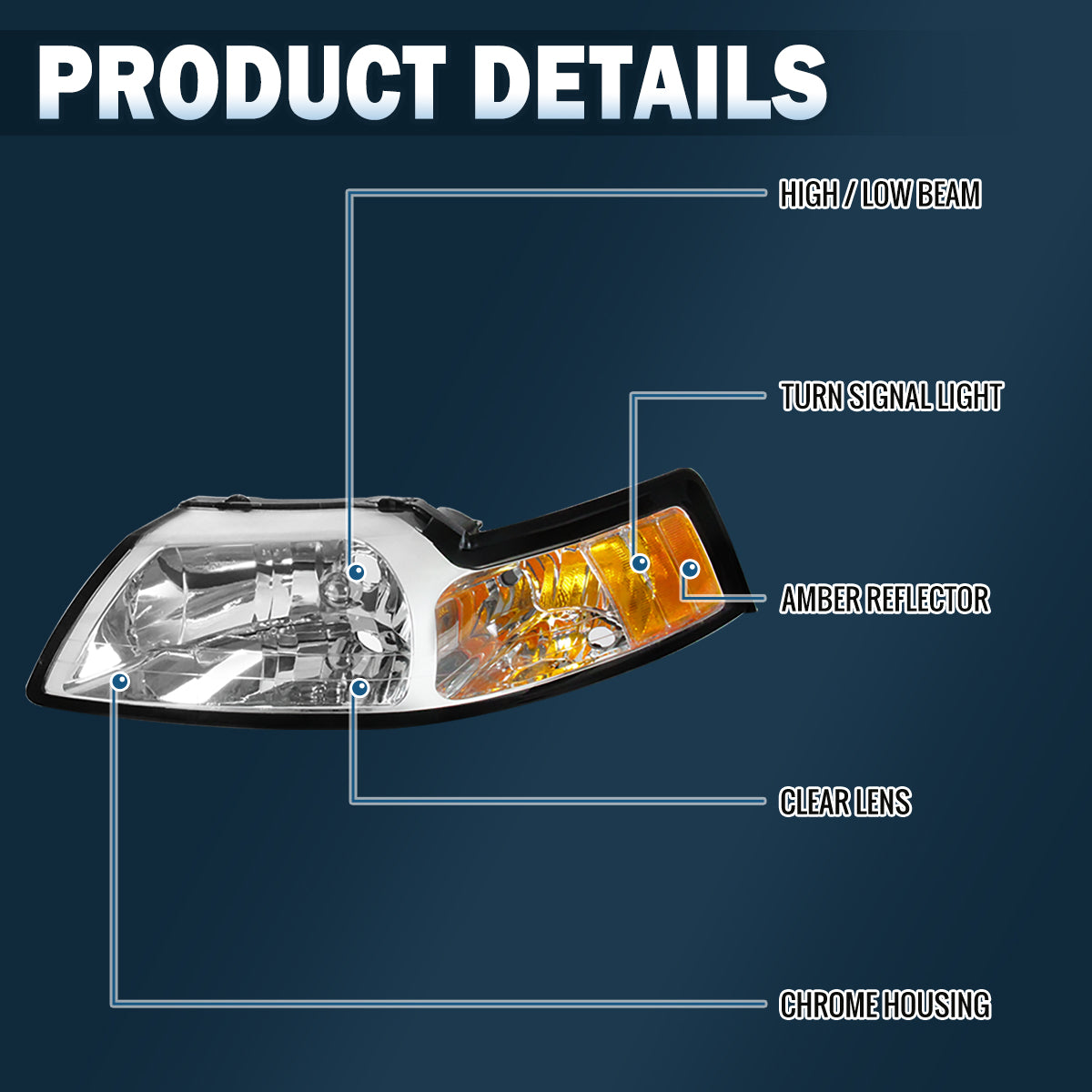 Ronnin - Fits 1999-2004 Ford Mustang Factory Replacement Headlights Assembly Pair | Chrome