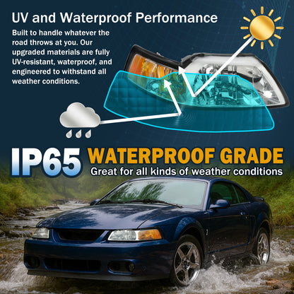 Ronnin - Fits 1999-2004 Ford Mustang Factory Replacement Headlights Assembly Pair | Chrome