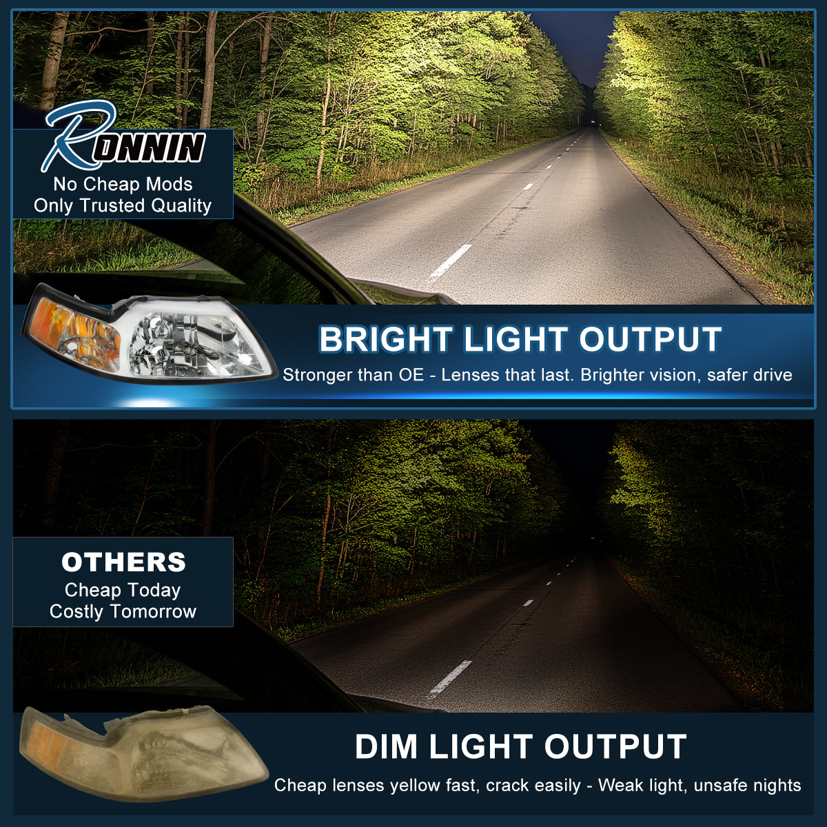 Ronnin - Fits 1999-2004 Ford Mustang Factory Replacement Headlights Assembly Pair | Chrome
