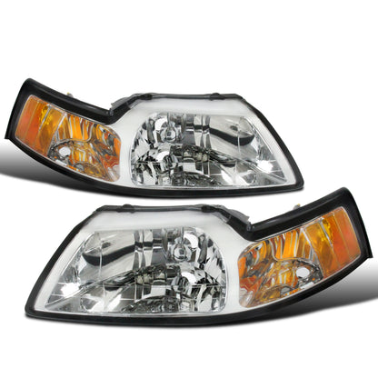 Ronnin - Fits 1999-2004 Ford Mustang Factory Replacement Headlights Assembly Pair | Chrome