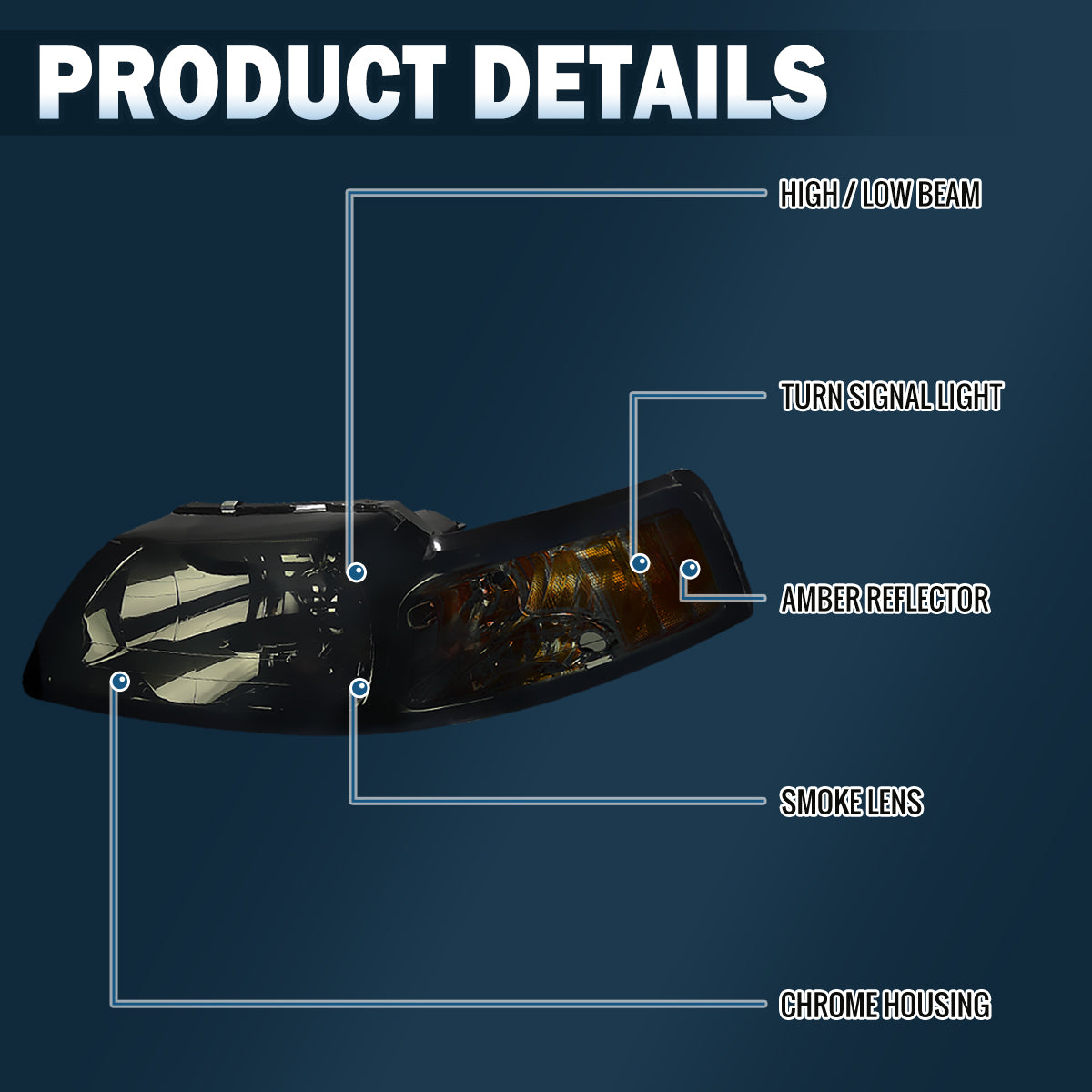 Ronnin - Fits 1999-2004 Ford Mustang Factory Replacement Headlights Assembly Pair | Smoke