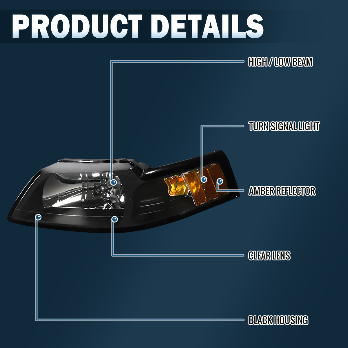 Ronnin - Juego de faros delanteros de repuesto para Ford Mustang de 1999-2004 | Negros