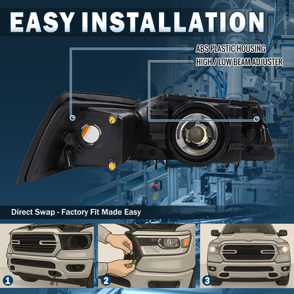 Ronnin - Juego de faros delanteros de repuesto para Ford Mustang de 1999-2004 | Negros