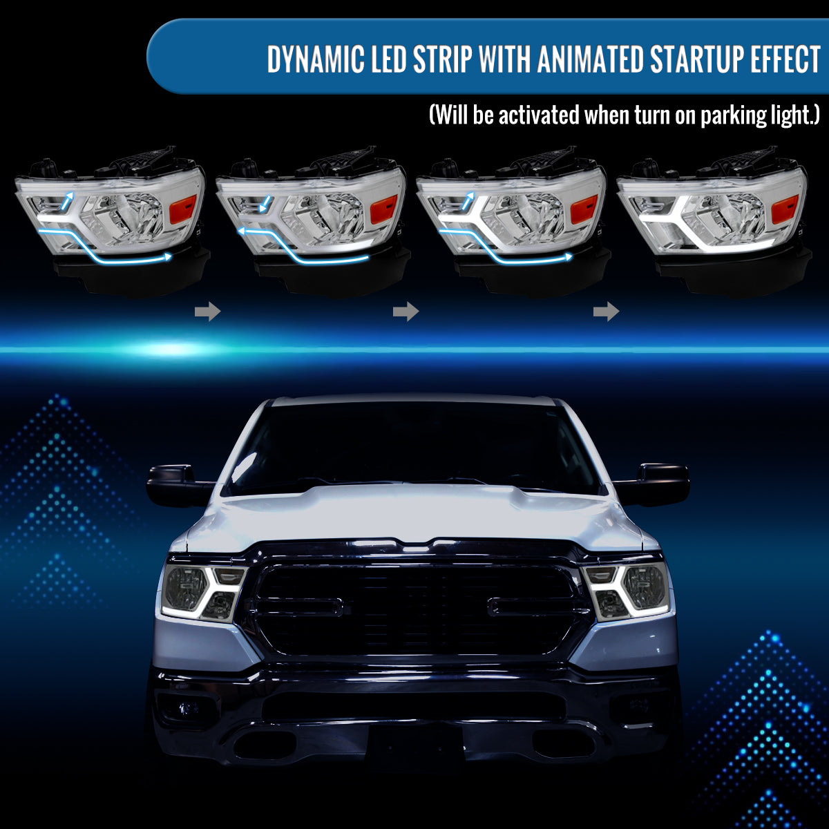 Ronnin - Fits 2019-2024 Ram 1500 Upgraded Factory Replacement Halogen Headlights LED Animated Startup Effect Assembly Pair | Chrome