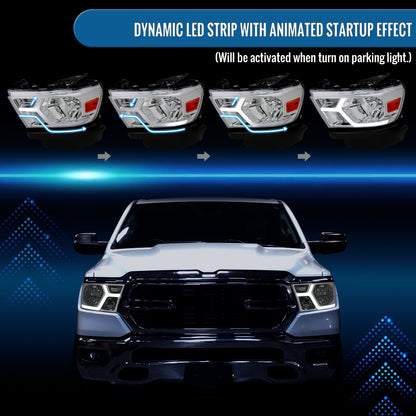 Ronnin - Fits 2019-2024 Ram 1500 Upgraded Factory Replacement Halogen Headlights LED Animated Startup Effect Assembly Pair | Chrome
