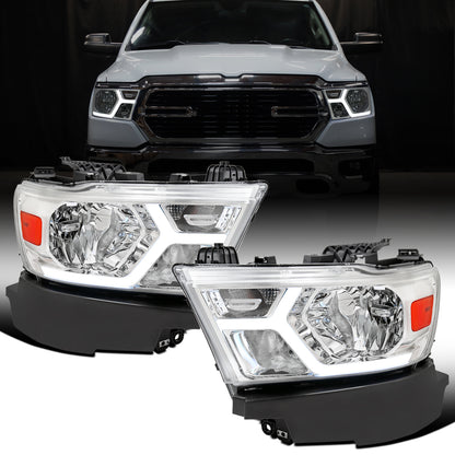 Ronnin - Fits 2019-2024 Ram 1500 Upgraded Factory Replacement Halogen Headlights LED Animated Startup Effect Assembly Pair | Chrome