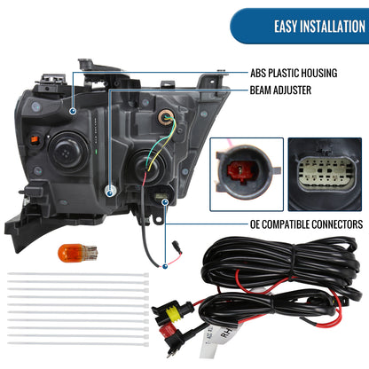 Ronnin - Fits 2019-2024 Ram 1500 Upgraded Factory Replacement Halogen Headlights LED Animated Startup Effect Assembly Pair | Black