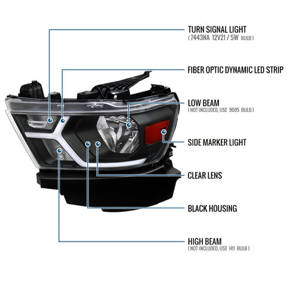 Ronnin - Fits 2019-2024 Ram 1500 Upgraded Factory Replacement Halogen Headlights LED Animated Startup Effect Assembly Pair | Black
